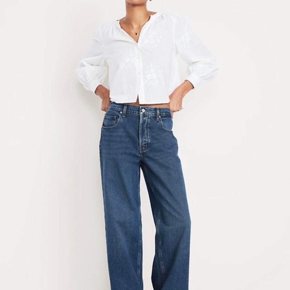 Old Navy Slouchy Wide Leg Jeans Women 20 Dark Wash Mid-Rise Button Fly Denim